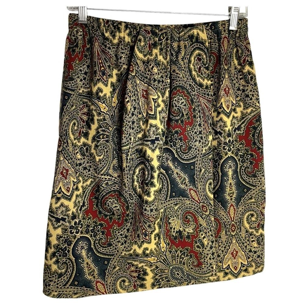 Vintage Anne Klein II Wool Paisley Skirt Size 10P Gold Red Faux Wrap Lined 80s